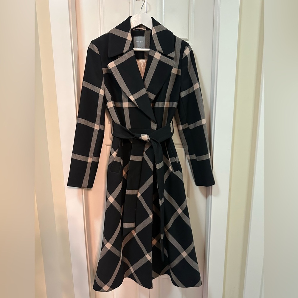 Principles Black Check Fit & Flare Longline Coat | Size 6